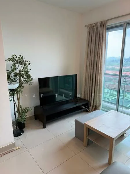 Living features: light-coloured wall, cream tiled flooring, floor-to-ceiling windows, curtains, black TV console, flat-screen TV, coffee table, indoor plant, grey ottoman, sofa, decorative wall, natural light; style: modern; view: city.