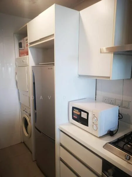 Kitchen features: white cabinetry, stainless-steel fridge, built-in oven, freestanding microwave, 4-burner gas hob, white tiled backsplash, washer-dryer combo, countertop space, ceramic tile flooring; style: modern.