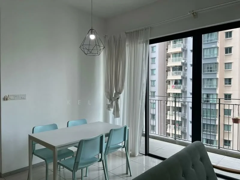 Dining features: white dining table, 4 aqua blue dining chairs, floor-to-ceiling sliding glass door, sheer curtains, white painted walls, tile flooring, pendant light fixture, balcony view; style: modern; view: city.