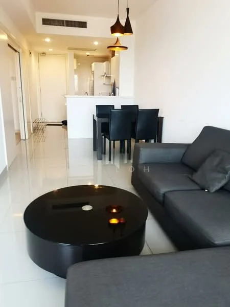 Living features: grey fabric sofa, black round coffee table, pendant lighting, white walls, glossy tile flooring, open-plan layout, floor-to-ceiling windows, dining area visible in background; style: modern. Dining features: 4-seater dining table, black dining chairs; style: modern. Kitchen features: white cabinetry, stainless-steel appliances, open kitchen layout; style: modern.