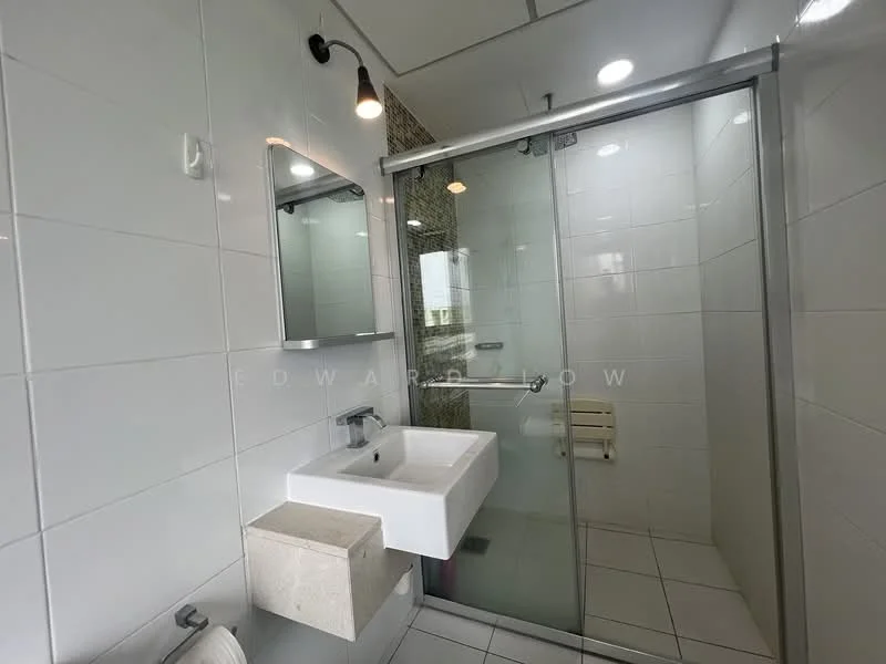 Bathroom features: white tiled walls, grey tiled flooring, walk-in shower with glass enclosure, rain shower head, single-sink vanity with stone cabinet, chrome basin mixer faucet, framed mirror, wall-mounted towel rack, recessed lighting, exposed light fixture; style: modern.