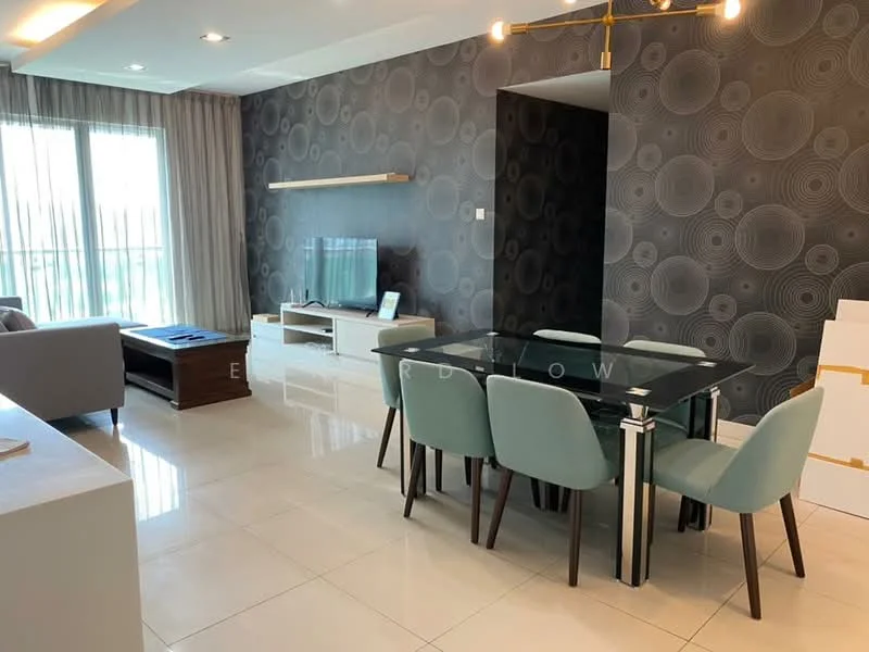 Dining features: glass dining table, 6 upholstered dining chairs in light blue, pendant light fixture, wall-mounted TV, dark wood TV console, white walls, grey patterned accent wall, large floor-to-ceiling windows with sheer curtains, ceramic tile flooring, sofa in grey fabric, decorative wall shelf; style: modern; view: city.