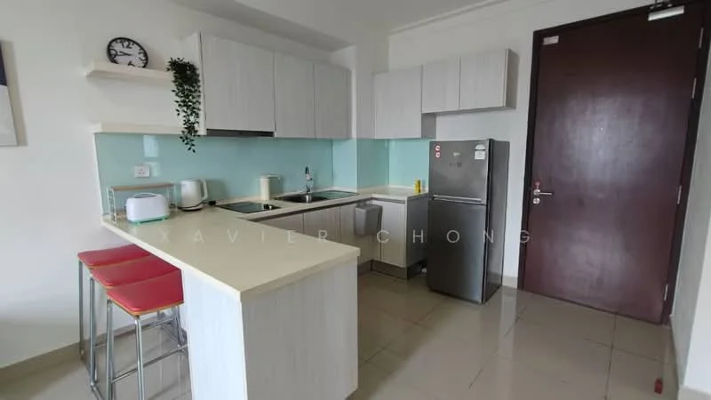 Kitchen features: white cabinetry, light blue backsplash, white countertop, stainless-steel fridge, built-in oven, 4-burner gas hob, single-bowl stainless-steel sink, chrome pull-down faucet, bar stools with red upholstery, tile flooring, wall-mounted shelves, window with natural light; style: modern.