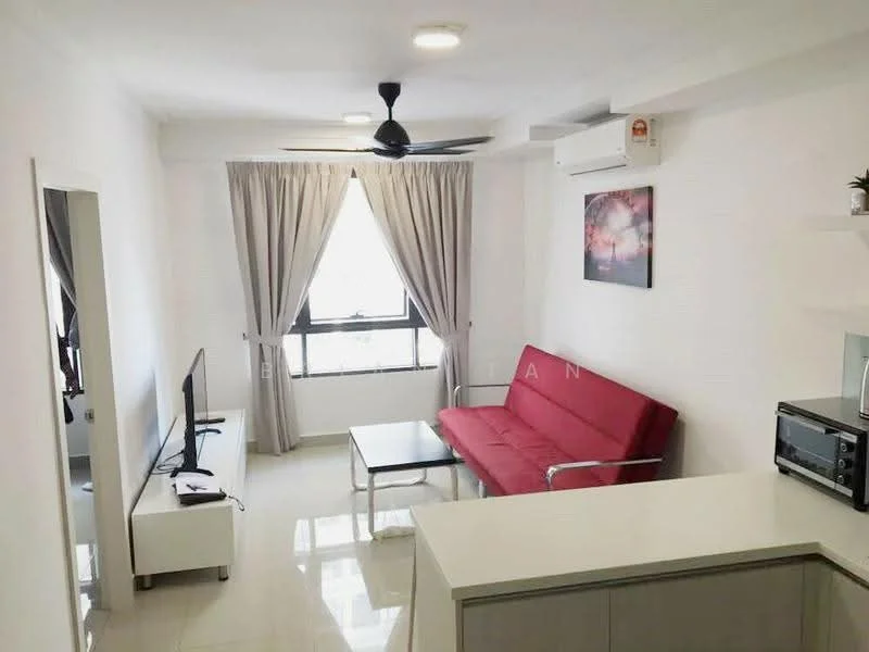 Living features: white painted walls, glossy tile flooring, 5-blade ceiling fan with light, floor-to-ceiling window, sheer curtains, red fabric sofa, coffee table, wall-mounted TV, TV console, decorative artwork on wall, air conditioning unit; style: modern.