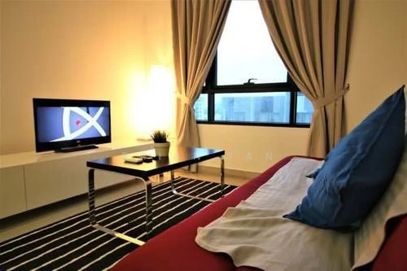 Living features: sofa with red upholstery, blue decorative pillows, black coffee table with chrome legs, TV console, wall-mounted TV, floor lamp, curtains in beige, striped area rug, large window, plant in ceramic pot, light-colored walls, wooden flooring; style: modern; view: city.