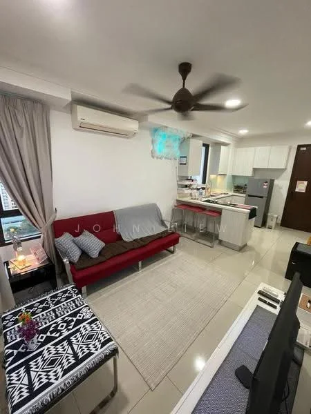 Living features: red fabric sofa, coffee table with black and white pattern, area rug, wall-mounted TV, TV console, 1 wall-mounted split AC, 5-blade ceiling fan, floor-to-ceiling window, curtains, decorative plants, open kitchen layout, light-colored tiled flooring, white painted walls; style: modern; view: city. Kitchen features: white cabinetry, stainless-steel fridge, built-in oven, 4-burner gas hob, single-bowl stainless-steel sink, chrome pull-down faucet, white quartz countertop, tile backsplash, open layout to living area; style: modern.
