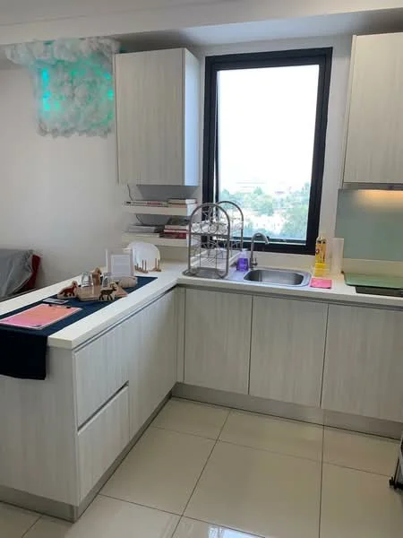 Kitchen features: light wood cabinetry, white countertop, single-bowl stainless-steel sink, chrome pull-down faucet, ceramic tile flooring, open shelving, window with city view, decorative items on countertop, recessed lighting, kitchen island with storage; style: modern; view: city.