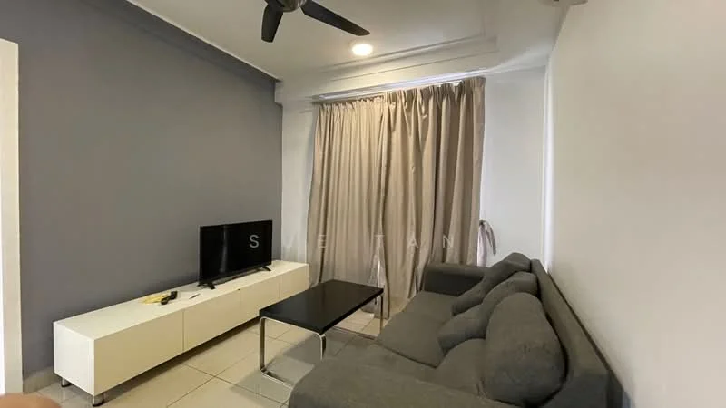 Living features: grey fabric sofa, black coffee table, white TV console, wall-mounted TV, floor-to-ceiling curtains, light grey painted walls, recessed ceiling lights, ceiling fan; style: modern.