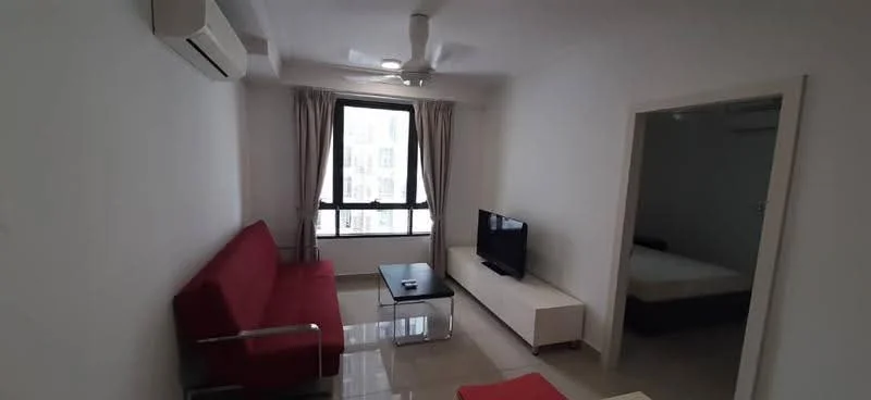 Living features: red fabric sofa, glass coffee table, white TV console, wall-mounted TV, floor-to-ceiling window, curtains, ceiling fan with light, wall-mounted split AC, polished tile flooring, neutral painted walls; style: modern; view: city. Room features: bed visible in adjacent room, neutral painted walls.