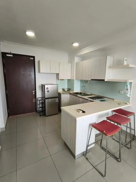 Kitchen features: white laminate cabinetry, stainless-steel fridge, built-in oven, 4-burner gas hob, single-bowl stainless-steel sink, chrome pull-down faucet, light green backsplash, grey tiled flooring, bar counter with 2 red stools, recessed downlights; style: modern.