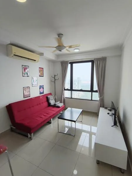Living features: red fabric sofa bed, glass coffee table, white TV console, wall-mounted TV, 5-blade ceiling fan with light, wall-mounted air conditioning unit, floor-to-ceiling windows, curtains, decorative wall art, tile flooring; style: modern; view: city.