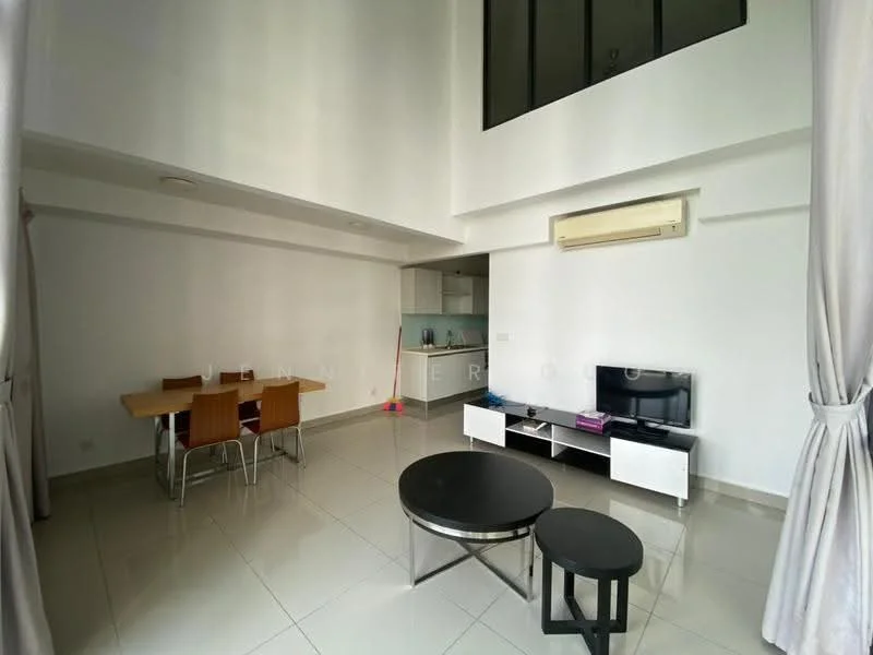 Living features: white painted walls, glossy tile flooring, 5-blade ceiling fan, wall-mounted TV, TV console in white, black coffee table, dining table with 4 wooden chairs, air conditioning unit; style: modern. Kitchen features: open kitchen layout, white cabinetry, stainless-steel sink, built-in countertop, kitchen appliances visible; style: modern.