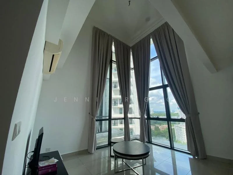 Living features: floor-to-ceiling windows, grey curtains, white walls, sliding glass door, ceiling fan, light-colored tile flooring, round coffee table, wall-mounted air conditioning unit; style: modern; view: city.