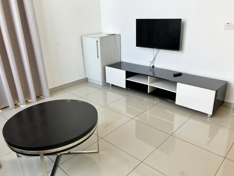 Living features: white painted walls, glossy ceramic tile flooring, floor-to-ceiling windows with sheer curtains, black TV console with white doors, wall-mounted TV, round black coffee table with metal legs, refrigerator, cable management system; style: modern.