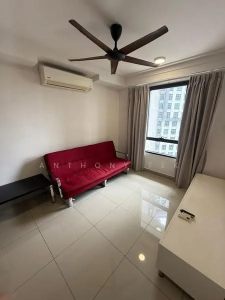 Living features: red fabric sofa bed, white coffee table, black side table, wall-mounted split AC, 5-blade ceiling fan with light, large window with city view, curtains, glossy tile flooring, recessed ceiling lights, neutral painted walls; style: modern; view: city.
