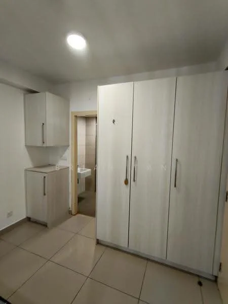 Laundry features: light-colored cabinetry, tall storage cabinet, base cabinet, neutral tile flooring, flush ceiling light, wall-mounted sink, white tiled wall, doorway leading to bathroom; style: modern.