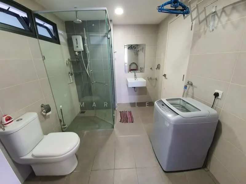 Bathroom features: glass shower enclosure, rain shower head, handheld shower, toilet, single-sink vanity with wall-mounted mirror, washing machine, tile flooring, light grey wall tiles, white walls, towel rack, window with black frames; style: modern.