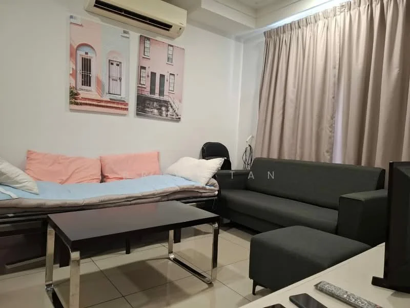 Living features: light grey fabric sofa, black leather armchair, glass coffee table with metal legs, white walls, cream curtains, air conditioning unit, framed artwork on walls, tiled flooring; style: modern.