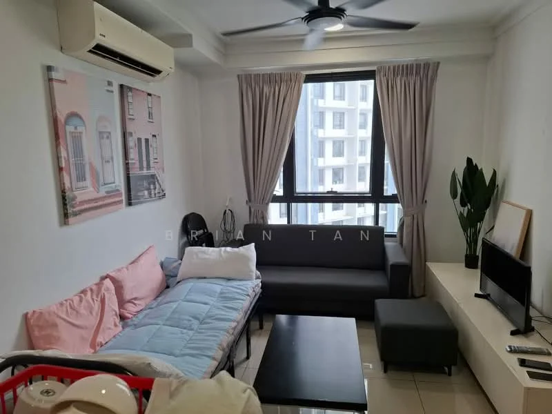 Living features: 3-seater fabric sofa in grey, single bed with blue bedding, black coffee table, TV console, wall-mounted TV, floor-to-ceiling window, sheer curtains, ceiling fan, air conditioning unit, decorative plant in pot, light-colored walls, tile flooring; style: modern; view: city.