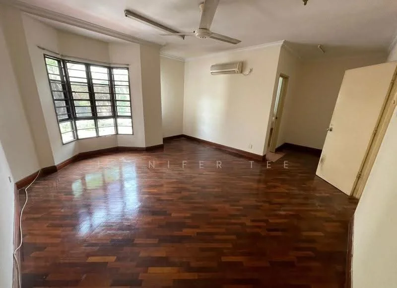 Room features: wooden flooring, white painted walls, ceiling fan, large bay window, air conditioning unit, door, corner layout.