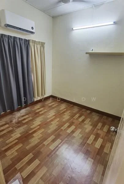 Room features: laminate wood flooring, cream painted walls, curtains in grey, wall-mounted air conditioning unit, shelf mounted on wall, LED strip lighting, single light fixture on ceiling.