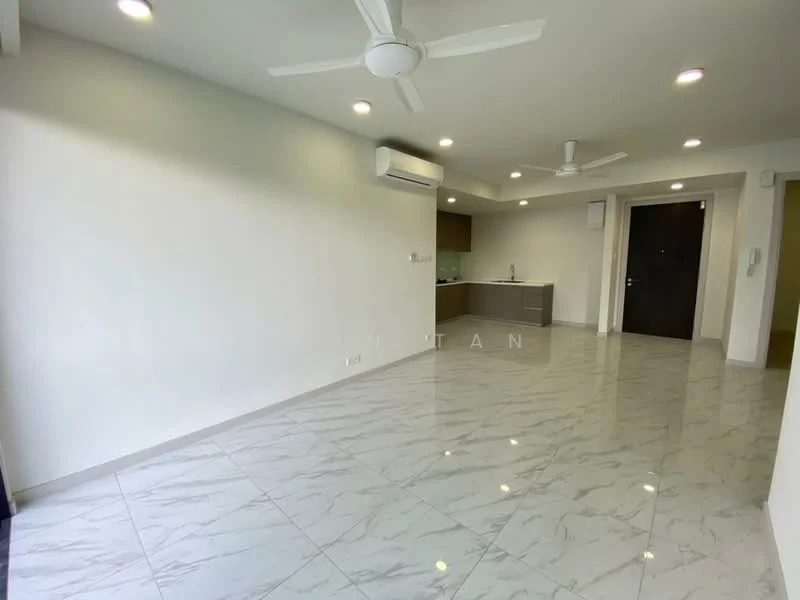 Living features: marble tile flooring, white painted walls, recessed downlights, 2 ceiling fans, wall-mounted split AC, open kitchen layout, kitchen cabinetry, kitchen countertop, doorway leading to hallway, large windows for natural light; style: modern.