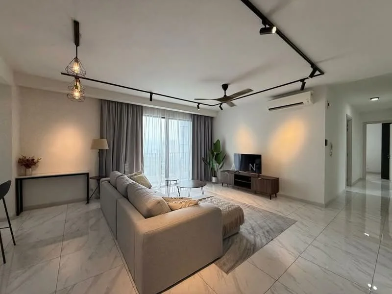 Living features: 3-seater fabric sofa in light grey, coffee table, wall-mounted TV, TV console, floor-to-ceiling windows, sheer curtains, 5-blade ceiling fan with light, recessed LED downlights, marble tile flooring, decorative plant, side table with lamp, wall art, grey accent wall; style: modern; view: city.