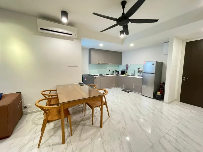 Kitchen features: white painted walls, marble tile flooring, 5-blade ceiling fan with light, recessed downlights, grey cabinetry, stainless-steel fridge, built-in oven, freestanding range oven, single-bowl stainless-steel sink, chrome pull-down faucet, black countertop, dining table with wooden chairs; style: modern.