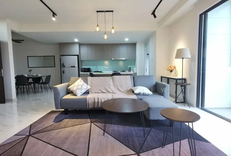 Living features: 3-seater fabric sofa in grey, coffee table, 2 round side tables, area rug with geometric pattern, pendant lighting, floor-to-ceiling windows, marble tile flooring, open-plan layout to kitchen, decorative wall art, light-colored walls; style: modern; view: city. Kitchen features: kitchen cabinetry in light color, stainless-steel fridge, built-in oven, 4-burner gas hob, green backsplash, single-bowl stainless-steel sink, chrome pull-down faucet, countertop with overhang for seating; style: modern.