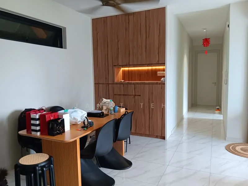 Room features: wooden dining table, black plastic dining chairs, built-in wooden cabinetry, marble tile flooring, recessed lighting, ceiling fan, decorative wall with wood finish, wall-mounted window, open space layout; style: modern.