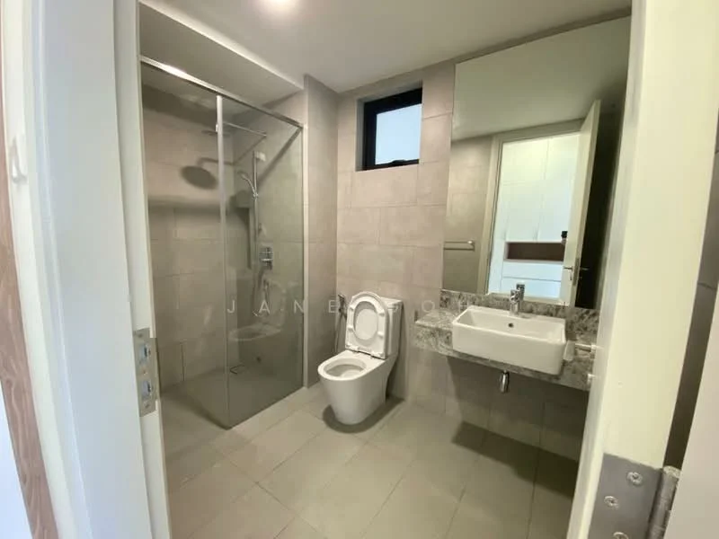 Bathroom features: walk-in shower with glass enclosure, chrome handheld shower, white ceramic toilet, single-sink vanity with stone countertop, mirror above sink, grey tiled walls, light grey floor tiles, window for natural light; style: modern.