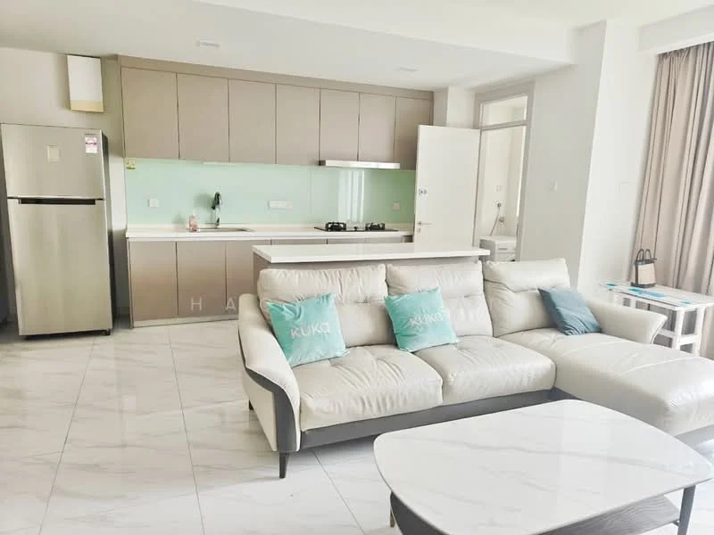 Living features: 3-seater leather sofa in cream, coffee table, marble tile flooring, floor-to-ceiling windows, curtains, wall-mounted TV, decorative cushions, open-plan layout with kitchen, recessed downlights; style: modern. Kitchen features: stainless-steel fridge, built-in oven, 4-burner gas hob, stainless-steel range hood, white cabinetry, green glass backsplash, countertop with overhang, single-bowl stainless-steel sink, chrome pull-down faucet; style: modern.