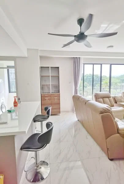 Living features: marble tile flooring, 5-blade ceiling fan, large floor-to-ceiling windows, beige leather sofa, bar stools at kitchen counter, curtains, wooden cabinet, open layout; style: modern; view: garden.