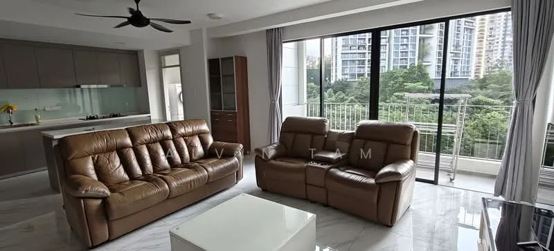 Living features: 3-seater brown leather sofa, 2-seater brown leather recliner, white coffee table, marble tile flooring, floor-to-ceiling windows, curtains, ceiling fan with light, open layout to kitchen, green view from windows; style: modern; view: garden. Kitchen features: grey cabinetry, white countertop, built-in stove, kitchen island, open layout to living area; style: modern.
