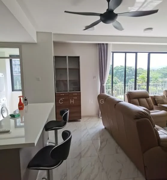 Living features: 3-seater leather sofa, 2-seater leather sofa, coffee table, floor-to-ceiling windows, curtains, ceiling fan, marble tile flooring, wall-mounted TV cabinet, decorative wall unit, open kitchen counter with bar stools; style: modern; view: garden. Room features: washing machine, storage cabinet.