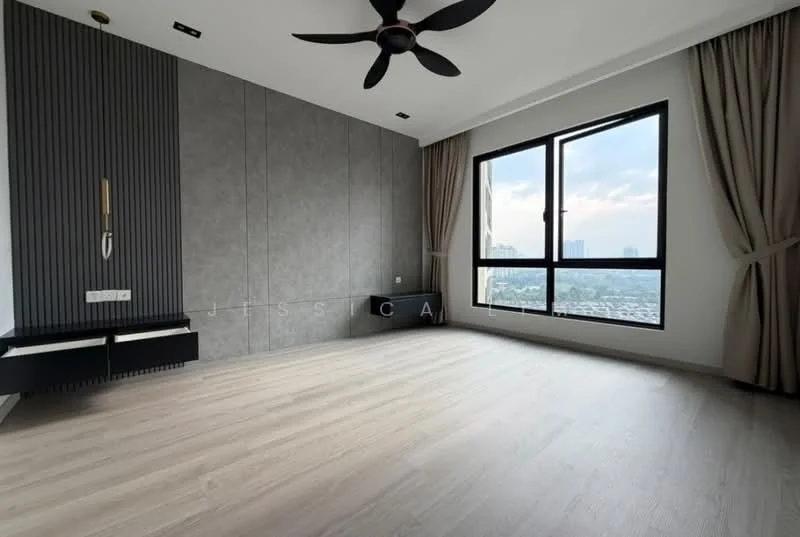 Living features: light wood flooring, grey accent wall, white painted walls, floor-to-ceiling windows, sheer curtains, 5-blade ceiling fan, built-in wall shelf, recessed downlights; style: modern; view: city.