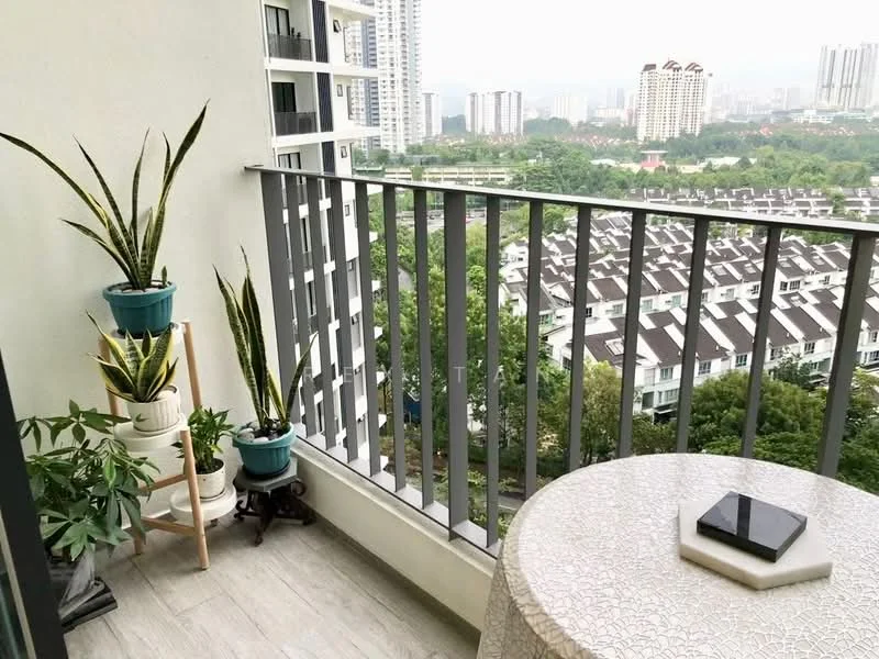 Room features: balcony with railing, outdoor table, potted plants, ceramic pots, wooden flooring, city view, greenery view; style: modern; view: city.