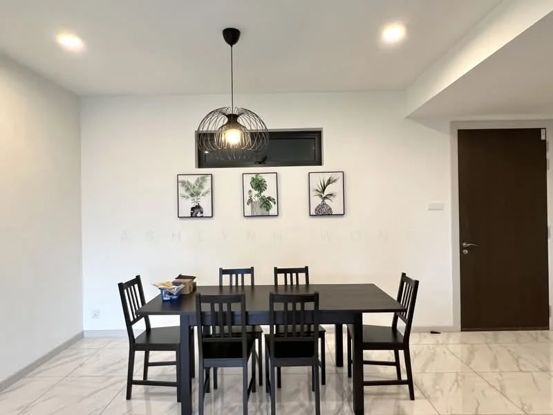 Dining features: black dining table, 6 black wooden dining chairs, white painted walls, marble tile flooring, pendant light fixture, framed artwork on walls, window with black frame, brown wooden door; style: modern.