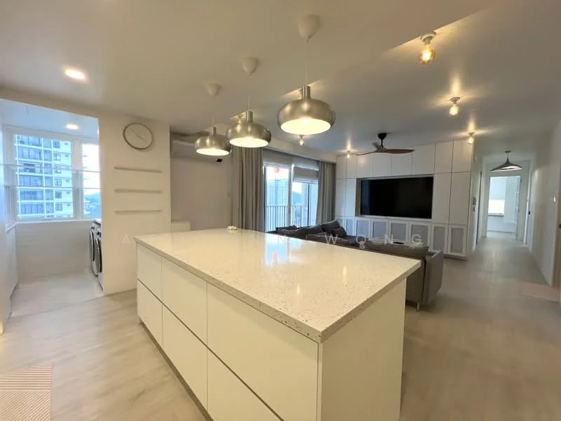 Kitchen features: white cabinetry, marble countertop, stainless-steel sink, chrome pull-down faucet, built-in oven, freestanding range oven, microwave, recessed downlights, pendant lights, open shelving, washer and dryer, tile backsplash; style: modern; view: city. Living features: 3-seater fabric sofa in grey, wall-mounted TV, entertainment unit, ceiling fan, recessed downlights, area rug, large windows with city view; style: modern; view: city.