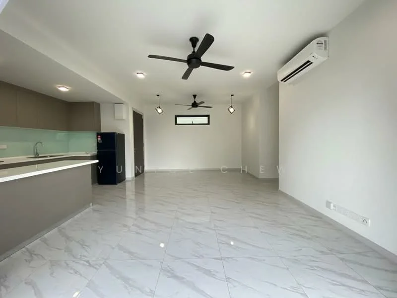 Living features: marble tile flooring, white painted walls, 2 ceiling fans, 1 wall-mounted split AC, kitchen counter with cabinets, window with view, recessed downlights, stainless-steel fridge; style: modern.
