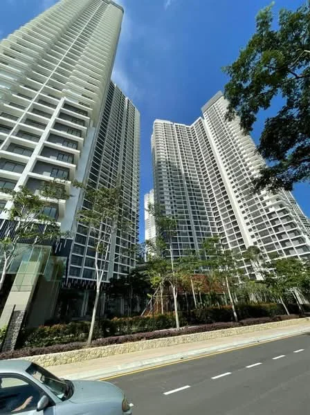 Exterior type: high-rise condominium; features: glass curtain wall, white painted facade, recessed balconies, surrounded by mature greenery, manicured landscaping, multiple towers, urban context with street view; style: modern.