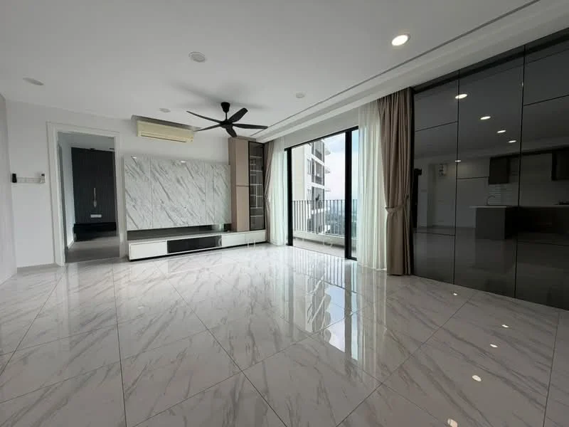 Living features: marble tile flooring, white painted walls, 5-blade ceiling fan with light, floor-to-ceiling sliding glass door, curtains, built-in TV console, mirror wall, recessed downlights; style: modern; view: city.