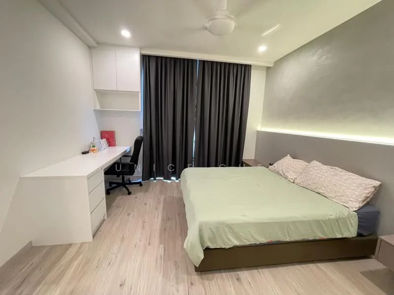Bedroom features: queen-size bed, upholstered headboard, bedside lamps, study desk, black office chair, white built-in cabinetry, grey accent wall, wooden flooring, floor-to-ceiling curtains, recessed lighting, ceiling fan; style: modern.
