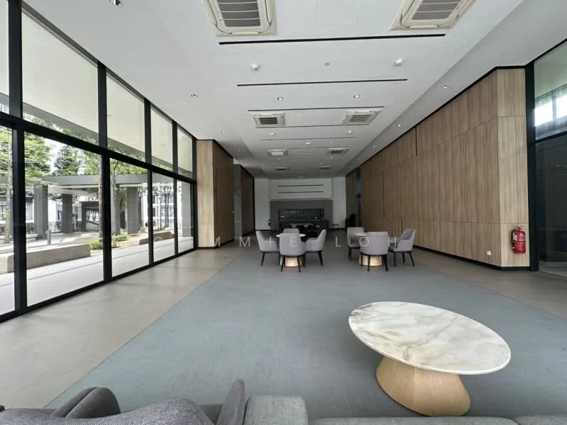 Room features: large floor-to-ceiling windows, wood panelled walls, light grey carpet flooring, recessed ceiling lights, central air conditioning vents, modern round coffee table, upholstered chairs, open layout, neutral colour scheme; style: modern; view: garden.