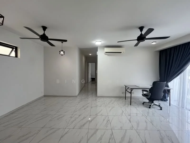 Living features: white painted walls, marble tile flooring, 5-blade ceiling fan with light, 5-blade ceiling fan, recessed LED downlights, floor-to-ceiling windows, curtains, office desk, chair, air conditioning unit; style: modern. Room features: white painted walls, marble tile flooring, 5-blade ceiling fan, recessed LED downlights.