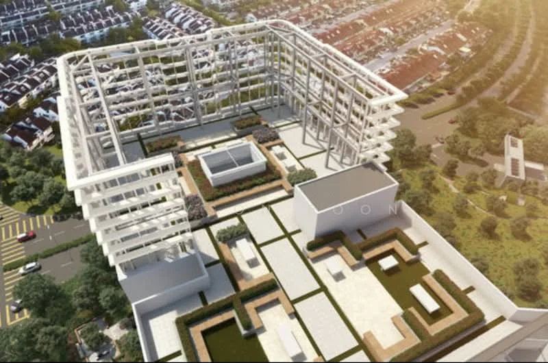 Exterior type: high-rise condominium; features: landscape garden, outdoor seating areas, manicured lawns, paved walkways, swimming pool area, rooftop garden, surrounding residential area, modern architectural design; style: modern.
