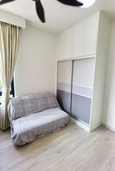 Room features: sofa bed with grey checkered cover, built-in wardrobe with sliding doors, light wood flooring, white painted walls, floor-to-ceiling window with sheer curtains, ceiling fan; style: modern.