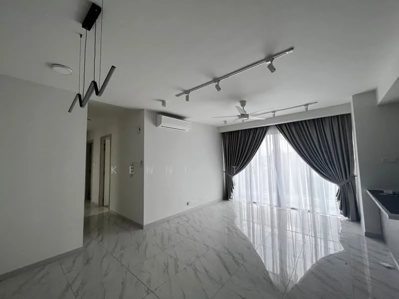 Living features: marble tile flooring, white painted walls, tray ceiling, recessed LED downlights, 3-blade ceiling fan, floor-to-ceiling windows, sheer curtains, sliding glass door, open layout, air conditioning unit; style: modern.