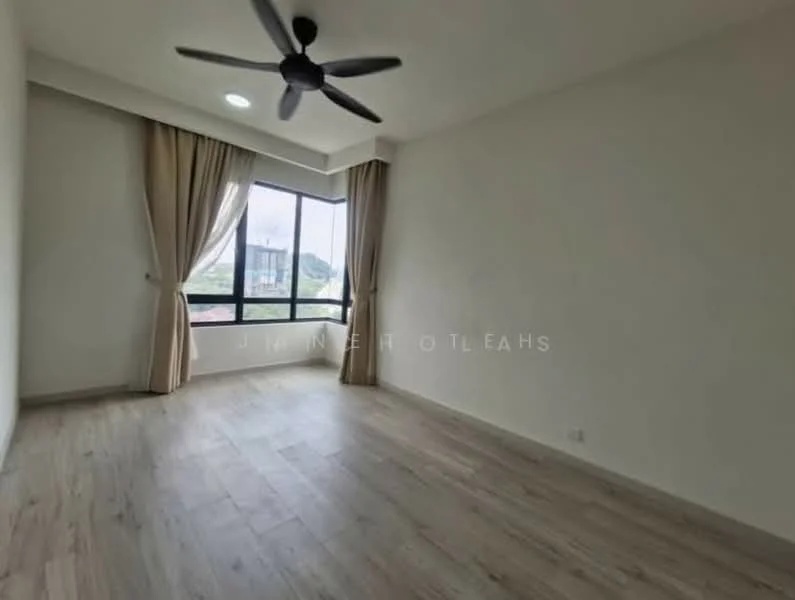 Room features: light wood laminate flooring, white painted walls, large floor-to-ceiling window, curtains, 5-blade ceiling fan with light, recessed ceiling lights; style: modern; view: city.