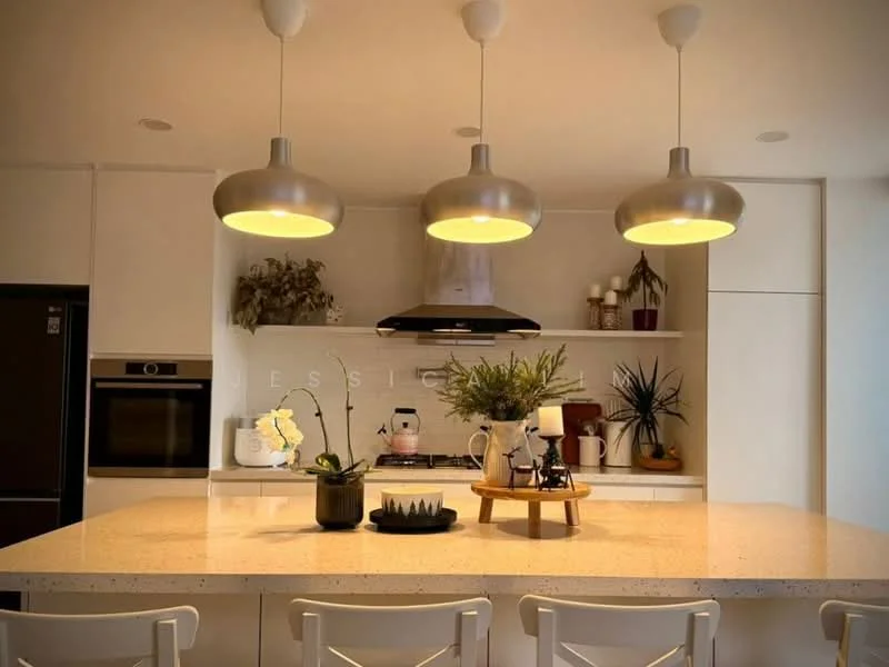 Kitchen features: white cabinetry, marble countertop, stainless-steel range hood, built-in oven, stainless-steel fridge, pendant lighting with metallic finish, decorative plants, open shelving, kitchen island with seating, ceramic decorative items; style: modern.